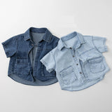MQTIME  -  Summer New Children Short Sleeve Denim Shirts Boys Girls Lapel Shirts Solid Baby Casual Tops Fashion Kids Clothes