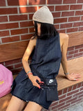 MQTIME  -  Casual Denim Vest Dress Women Korean Chic O Neck Lace Up Sleeveless Loose A-line Short Dresses Summer Fashion Vestidos