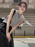 MQTIME  -  Black White Stripe Tank Tops for Women Sleeveless Bow Lace Up Collar Crop Top Office Lady Elegant Chic Clothing Summer