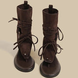  MQTIME  -  Women Bohemian Tassel Mid Calf Boots Retro Suede Clip Toe Sandal Boots Lace Up Fringe Western Cowgirl Summer Hollow Out Boots