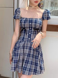 MQTIME  -  Y2K Plaid Short Dresses for Women Princess Birthday Party Dress Puff Sleeve Square Collar Bow Prom Summer Mini Vestidos Mujer