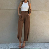 MQTIME  -  Women Casual Office Lady Ankle Banded Pants Work Solid Color Tailored Draped Simple Ankle-Length Trousers with Pockets
