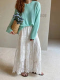 MQTIME  -  French Vintage White Skirt Summer New Heavy Industry Lace Mid length A-line Elastic High Waist Slimming Long Skirts for Women