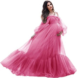 MQTIME  -  Puffy Sleeve Maternity Dress Tulle Robe With Underskirt for Photoshoot Off Shoulder Pregnancy Baby Shower Gown