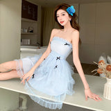 MQTIME  -  Cute Sweet Sleeveless Cake Dress for Women Summer 2024 Strapless Slim Mesh Bow Elegant Chic Party Birthday Dresses Korean