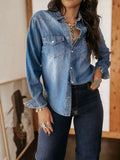 MQTIME  -  Vintage Denim Shirt Street Oversize Washed Denim Shirt Turn Down Collar Denim Shirt Longline Sleeve Female Jean Blouse