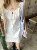 MQTIME  -  Summer White Belted  Knot Strap Dr Women's A-Line  Skirt Slimming Effect Korean Sle Commute