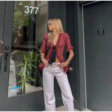  MQTIME  -  Chic Fringed Fitted Shirts Women V Neck Short Sleeves Lace Up Ruffles Blouse Female Summer New Vintage Fashion Tops Lady