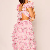 MQTIME  -  Women Summer Floral Print Ruched Bust Sleeveless V-Neck Ruffle Layered Lace-up Backless Flowy A-Line Long Cake Dress