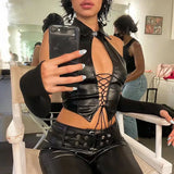 MQTIME  -  Midnight Solid Backless Slim Lace Up Tanks T-shirts New Punk Style Sleeveless Summer Woman Sexy Black High Neck Crop Tops