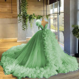 MQTIME  -  Ruffles Women Tulle Formal Party Gowns V Neck Long Evening Dresses 2024 Puffy Ball Gown Maternity Photo Dress