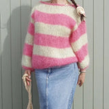 MQTIME  -  Women Autumn Winter Loose Fit Knitwear Jumpers Vintage Striped Fuzzy Knitted Sweater Casual Boat Neck Long Sleeve Pullover Tops