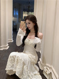 MQTIME  -  Spring Elegant Knitted Dress Women Lace Patchwork Koeran Princess Midi Dress Female Casual Sweet Even Party Fairy Dress