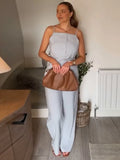 MQTIME  -  Solid Lace Up Women 's Pant Sets Square Collar Sleeveless Tank Top High Waist Wide Leg Pants Female Outfits 2025 Lady Outwears