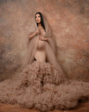 MQTIME  -  Khaki Pregnant Dress Mermaid Floor Length Maternity Gowns with Cloak Cape Off Shoulder Maxi Dresses Pregnant Babyshowe