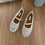 MQTIME  -  Autumn New Round Head Sequins Breathable Mesh Women's Shoes Soft Sole Casual Shallow Mouth Single Flat Shoes Ballet