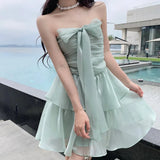 MQTIME  -   Summer French Style Bow Tie Green Dress Sexy Strapless Pleated Waist Slim A-line Cake Dress Princess Glossy Ruched Mini Dresses