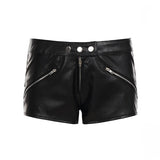 MQTIME  -  Faux Leather Mini Shorts Women Black Button Detail Zipper Pockets Low Rise Casual Going Out Club Party Night Out Outfit