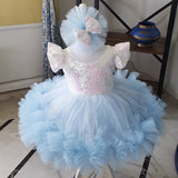 MQTIME  -  Blue Flower Girl Dresses Tulle Sequin With Bow Short Sleeve For Wedding Birthday Party First Communion Gown