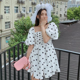 MQTIME  -  Taffeta Bubble Sleeve Pleated High Waist Dress Long Short Plaid Dress Small Dress New Arrival Blue Printed Dress