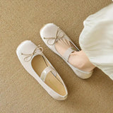 MQTIME  -  New Satin Mary Janes Shoes Women Flat Heel Autumn Fashion Butterfly Knot Square Toe Ballet Shoes Female Footwear Large Size 43