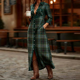 MQTIME  -  Plaid Print Shirt Women Dress Long Sleeve Button Side Pocket Casual Holiday Dress Daily Commute Streetwear Loose Maxi Dress