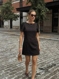  MQTIME  -  Women Vintage Black Short Puff Sleeve Dress Slim A-Line Mini Dress Fashion Summer Casual Basics Office Lady Chic Dresses