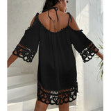 MQTIME  -  Solid Color Beach Cover Ups Lace-up Bandage White Beach Dress Splice Lace Transparent Sexy Swimwears Bathing Suit Beachwear