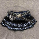  MQTIME  -  Summer Vintage Gothic Denim Skirt Women Y2K Punk Fashion Leopard Print Mini Skirt Grunge Streetwear Fur Patchwork Clothes New