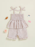 MQTIME  -  Infant Summer Romper Sleeveless Plaid Print Jumpsuit with Tie Straps and Smocked Waist Toddler Playsuit Shorts