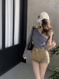 MQTIME  -   2024 new black and white striped chest, large waist, pure desire for slim fit, single T-shirt, asymmetrical long sleeved top