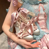 MQTIME  -  Sweet Lolita Women High Heels Luxury Designer Court Style Velour Bowknot Princess Dress Shoes Elegant