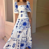 MQTIME  -  Summer Dress Elegant Women Flower Printed Maxi Dress High Waisted Short Sleeve Square Collar Summer Fashion Holiday Dresses