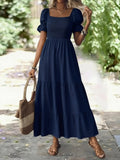 MQTIME  -  Elegant Plus Size Women's Solid Color Waist Cinching Slimming Dress Summer Loose Fit Long Sleeve Maxi Dress Stylish Casual Wear