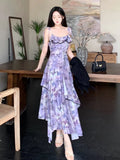 MQTIME  -  Spring New Women French Sleeveless Retro Camisole Dress Irregular Mesh Printed Dress Slim Ruffles Long Fairy Dress