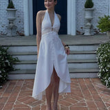  MQTIME  -  New Women's Clothing Neck Long Dress Waist Button Adjustment Holiday Style Dress Women