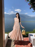 MQTIME  -  Sweet Elegant Pink Slip Backless Ruffles Pleated Fishtail Long Dresses Women Sexy Birthday Party Prom Evening Dress 2024 Summer