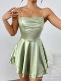 MQTIME  -  Sexy Gloss Satin Tie Back Cowl Neck Mini Party Dress Wrap Lace-up Open Back Flowy Double Layer Robe Bar Night Event Vestido