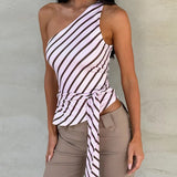 MQTIME  -  Chic Striped One Shoulder Top Women Sexy Sleeveless Tie Waist Slim Fit Asymmetric Blouse Casual Summer Lady New Party Tops