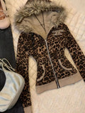  MQTIME  -  Streetwear Leopard Letter Printing Punk Jackets Women Y2k Aesthetic Furry Patchwork Hooded Coats Grunge Loose Vintage Jacket