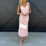 MQTIME  -  Female Casual Streetwear Backless Dresses Lace Patchwork High Waist Summer Party Dress Sweet Sexy V Neck Floral Print Long Dress