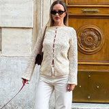 MQTIME  -  Lace Elegant Embroidery Shirts Women Autumn New Hollow Out Slim Long Sleeve T-Shirts Fashion Off Shoulder Cardigan Top