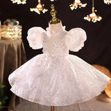 MQTIME  -  White Glitter Flower Girl Dress Sequins Tulle Lace Knee Length For Wedding  Birthday Party Pageant First Communion Ball Gowns