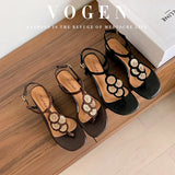 MQTIME  -  2024 Summer Sandals natural Leather 22-24.5cm sheepskin+sheep suede+Pigskin t-buckle flower Mary Jane thick heel Women's Shoes