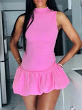  MQTIME  -  Women Elegant Solid Mini Dress Turtleneck Backless Sleeveless Slim Dresses Summer Woman Party Pink Ball Gown Dress