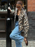 MQTIME  - Women Casual Leopard Print Bomber Jacket Elegant Lapel Long Sleeves Zipper Pockets Loose Coat 2024 Autumn Lady High Streetwewar