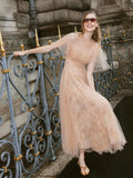 MQTIME  -  Romantic Tulle Lace Midi Prom Dress for Wedding Guest Fashion Soft Mesh Cocktail Party Gowns Dreamlike Evening Formal Dresses