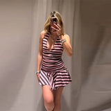 MQTIME  -  Sultry Y2k Striped Halter Neck Mini Dress Deep V-neck Sexy Bodycon Dress Women Summer Vacation Date Night Club Sweet Cute Wear