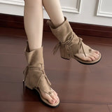  MQTIME  -  Women Bohemian Tassel Mid Calf Boots Retro Suede Clip Toe Sandal Boots Lace Up Fringe Western Cowgirl Summer Hollow Out Boots