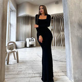 MQTIME  -  Sexy Bodycon Party Solid Color Long Dress For Women Long Sleeve Bandage Slim Dresses 2024 Autumn New Fashion Vestidos Black Robe